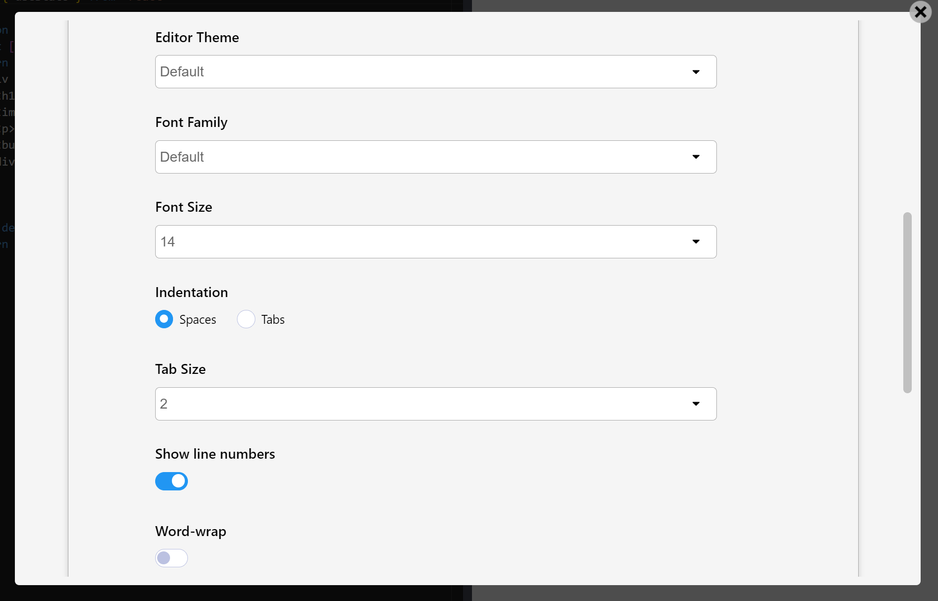 LiveCodes Editor Settings