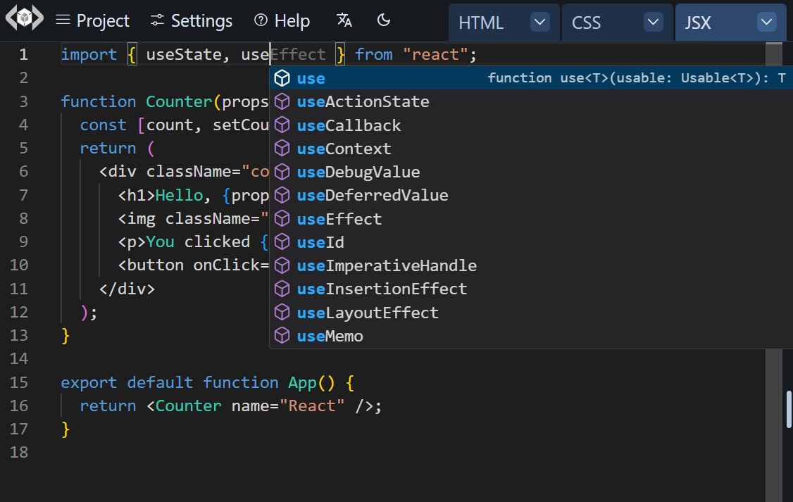 LiveCodes Intellisense